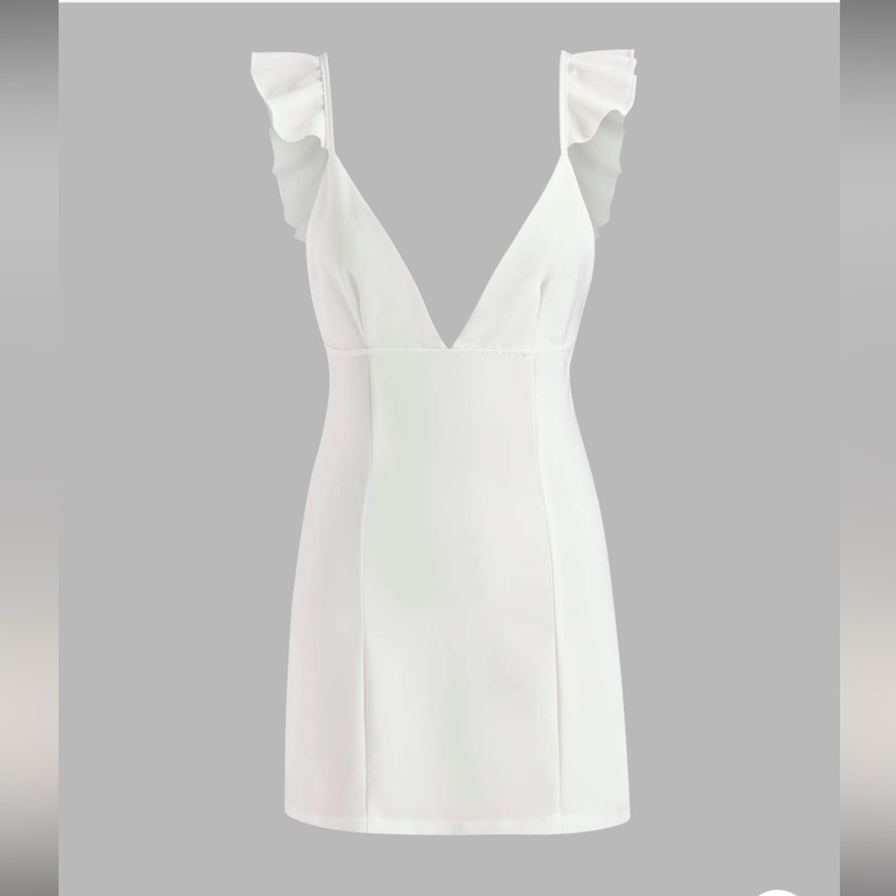 White HOT Satin Sexy Ruffle Shoulder Plunge Neckline Mini Dress Spaghetti Straps